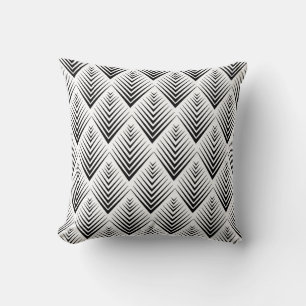 Black on White Fan Flowers Art Deco Pattern Throw Pillow