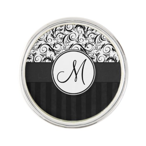 Black on White Floral Curls, Stripes & Monogram Pin