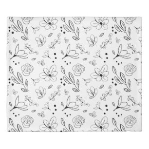 Black on White Floral Pattern Minimalist Modern Duvet Cover