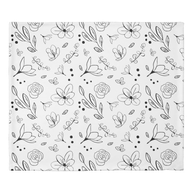 Black on White Floral Pattern Minimalist Modern Duvet Cover (Front)