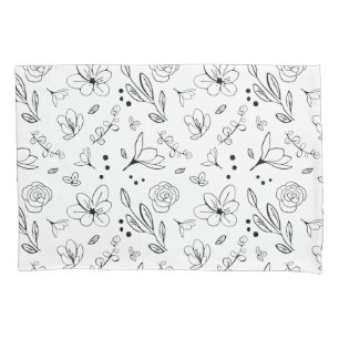 Black on White Floral Pattern Minimalist Modern Pillow Case