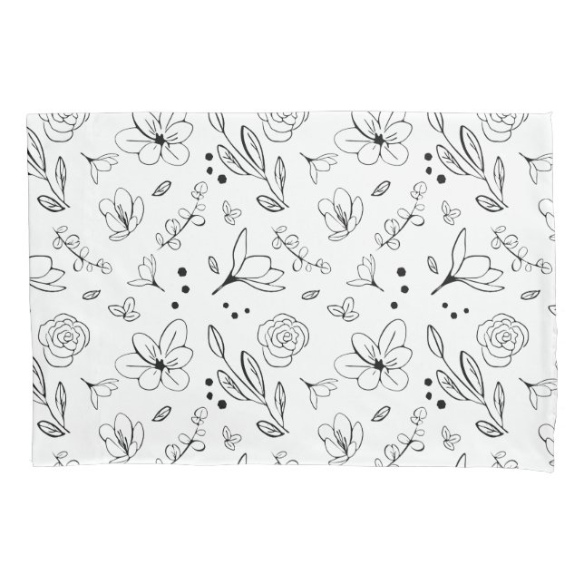 Black on White Floral Pattern Minimalist Modern Pillow Case (Front)