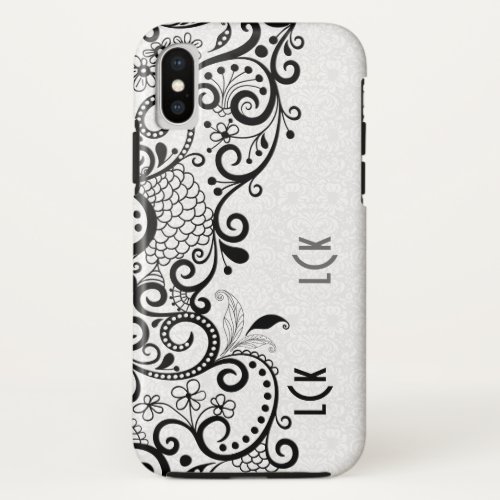 Black on white floral swirly iPhone XS case
