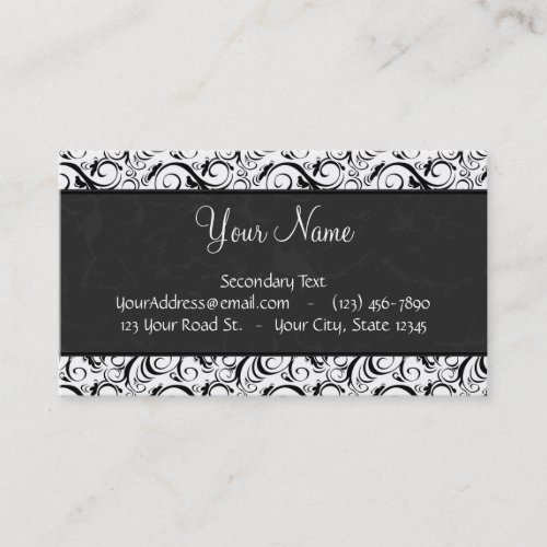 Black on White Floral Wisps, Stripes &amp; Monogram Business Cards