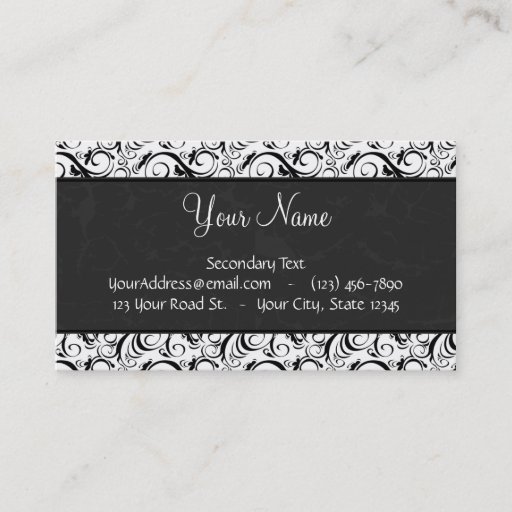 Customizable Black on White Floral Wisps, Stripes &amp; Monogram Business Cards