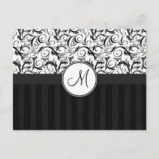 Black on White Floral Wisps, Stripes & Monogram Postcard