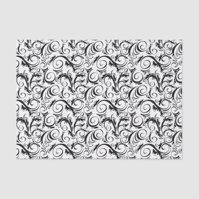 Black on White Floral Wisps, Stripes & Monogram Tissue Paper (Front)