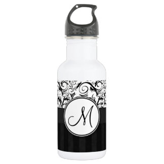 Black on White Floral Wisps, Stripes & Monogram Water Bottle