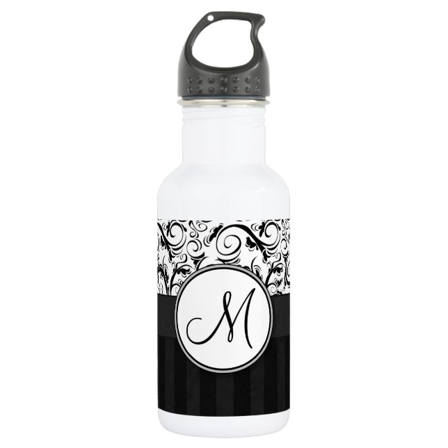 Black on White Floral Wisps, Stripes & Monogram Water Bottle (Front)