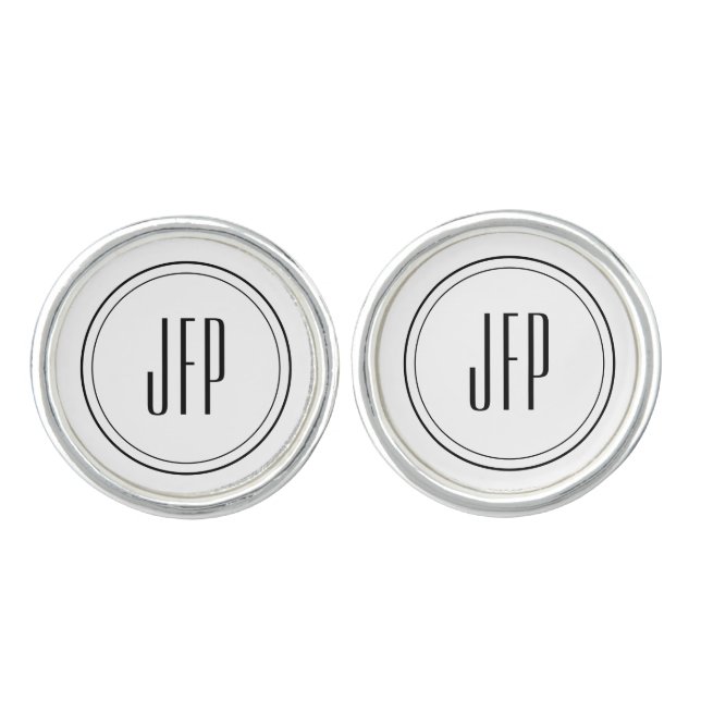 Black on White, Framed Initials Round SS Plated Cufflinks (Front)