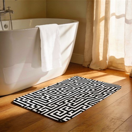 Black On White Geometric Maze Pattern Bath Mat
