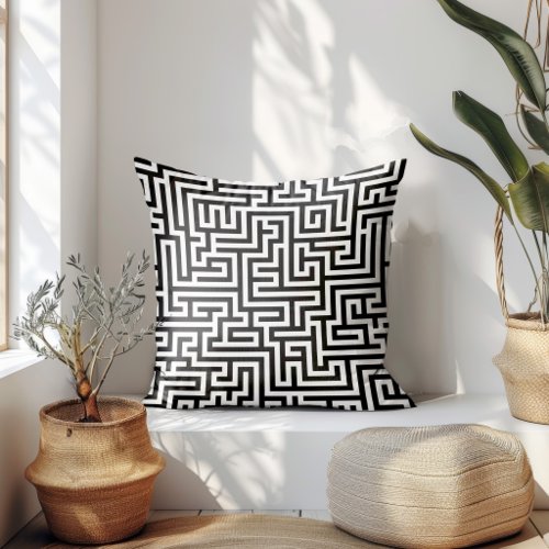 Black On White Geometric Maze Pattern Throw Pillow