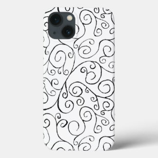 Black on White Hand-Painted Curvy Pattern iPhone 13 Case