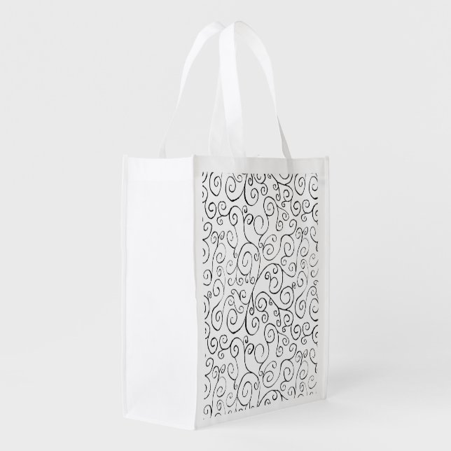 Black on White Hand-Painted Curvy Pattern Grocery Bag (Back Side)