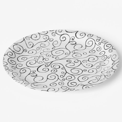 Black on White Hand_Painted Curvy Pattern Paper Plates