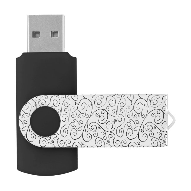 Black on White Hand-Painted Curvy Pattern USB Flash Drive (Opened)