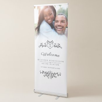 Black On White Leaves Wedding Photo Heart Retractable Banner by mylittleedenweddings at Zazzle