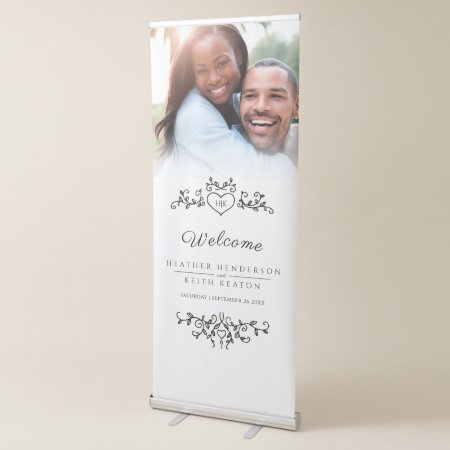 Black On White Leaves Wedding Photo Heart Retractable Banner