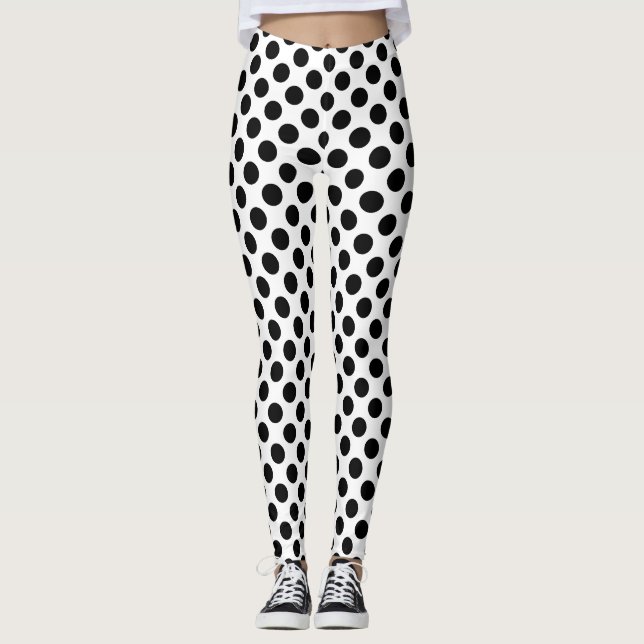 Black on White Medium Size Polka Dots Leggings (Front)