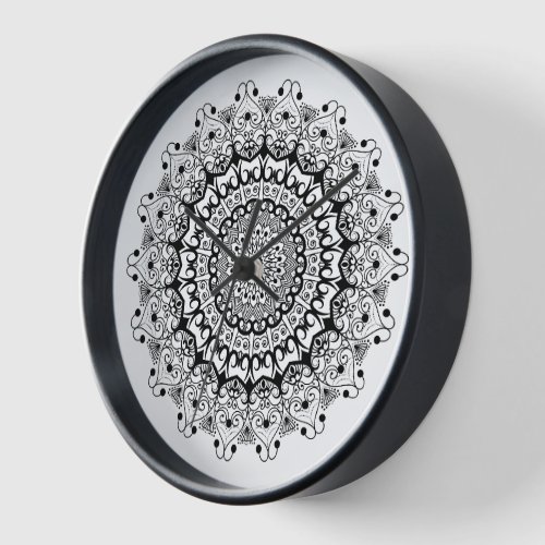 Black on white ornate mandal pattern clock