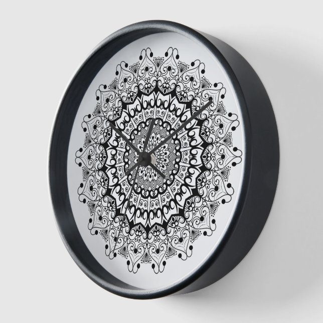 Black on white ornate mandal pattern clock (Angle)