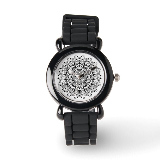 Black on white ornate mandal pattern watch (Front)