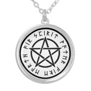 Black On White Pentacle And Runic Elements Silver Plated Necklace