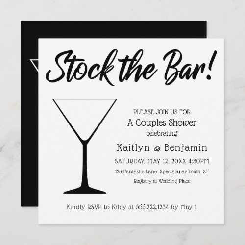 Black on White Script Stock the Bar Couples Shower Invitation