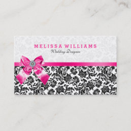 Black On White Vintage Damasks With Pink Bow Business Card
