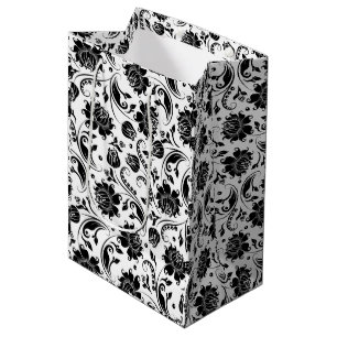 Black On White Vintage Floral Damasks Medium Gift Bag