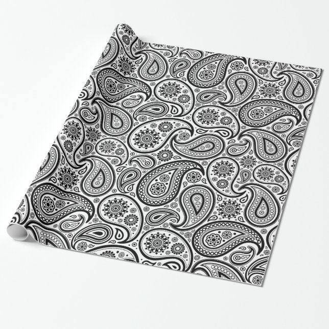 Black On White Vintage Paisley Pattern Wrapping Paper (Unrolled)