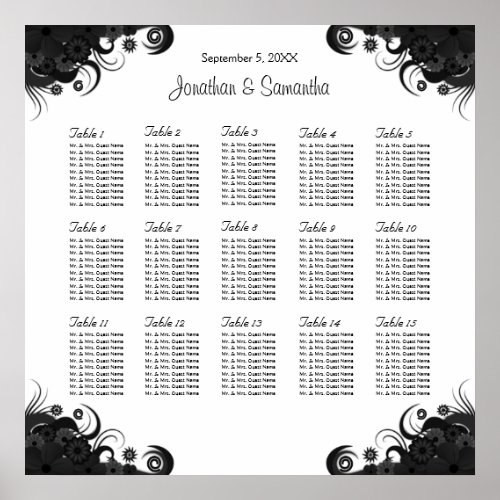 Black on White Wedding 15 Tables Seating Charts