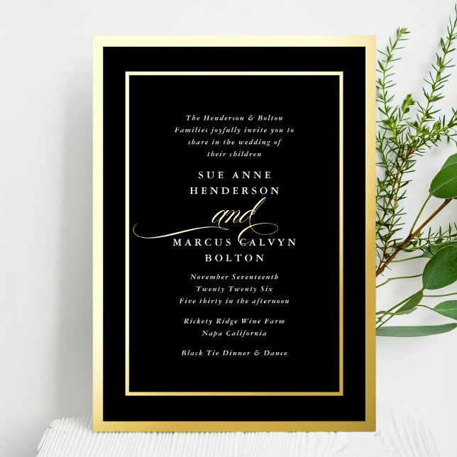 Black Onyx Formal Calligraphy Gold Frame Wedding Foil Invitation (Creator Uploaded)