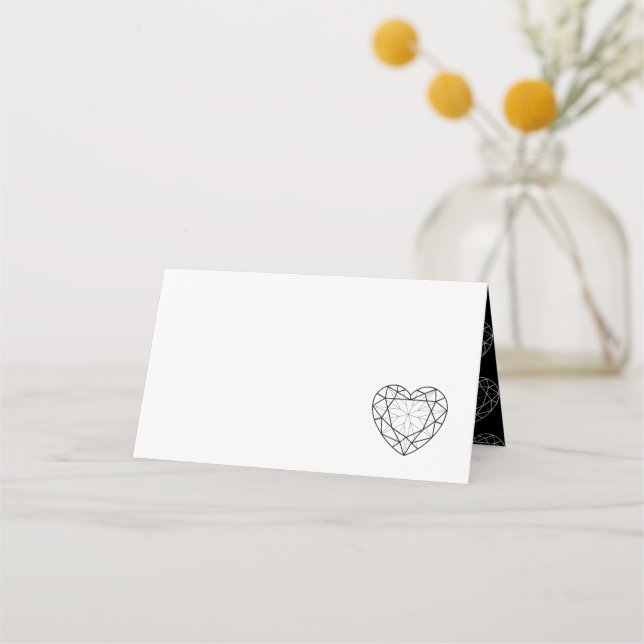 black onyx heart gem line art guest place cards (Front)