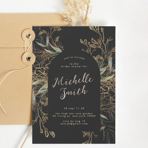 Black Onyx Modern Gold Boho Leafy Bridal Shower Invitation