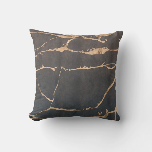 Black Onyx Modern Marble Gold Foil Gemstone Throw Pillow (Front)