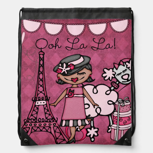 Black Ooh La La Diva Drawstring Backpack Bag (Front)