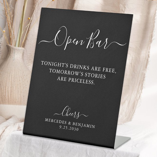 Black Open Bar Calligraphy Personalized Wedding  Pedestal Sign (Creator Uploaded)