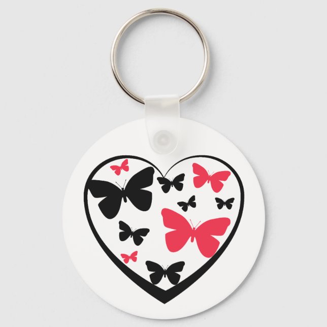 Black open heart with red & black butterflies keychain (Front)