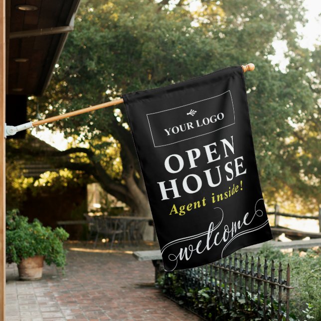 Black Open House Realtor Logo Welcome Flag (In SItu)