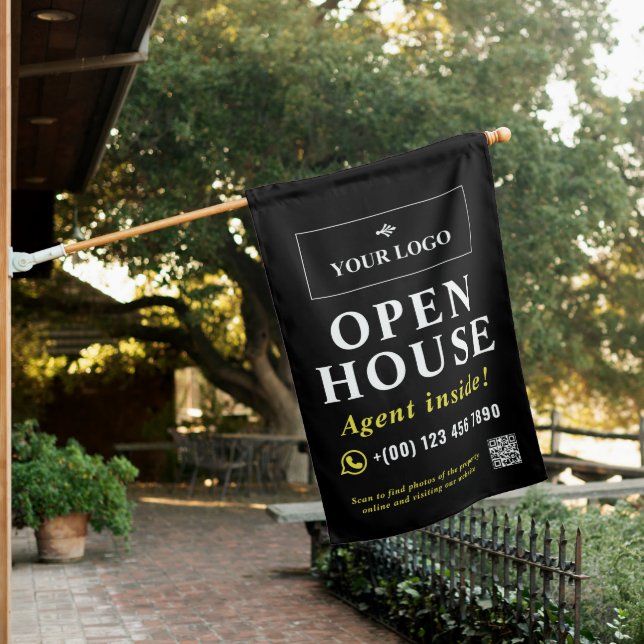 Black Open House Realtor Phone Logo QR Code House Flag (In SItu)