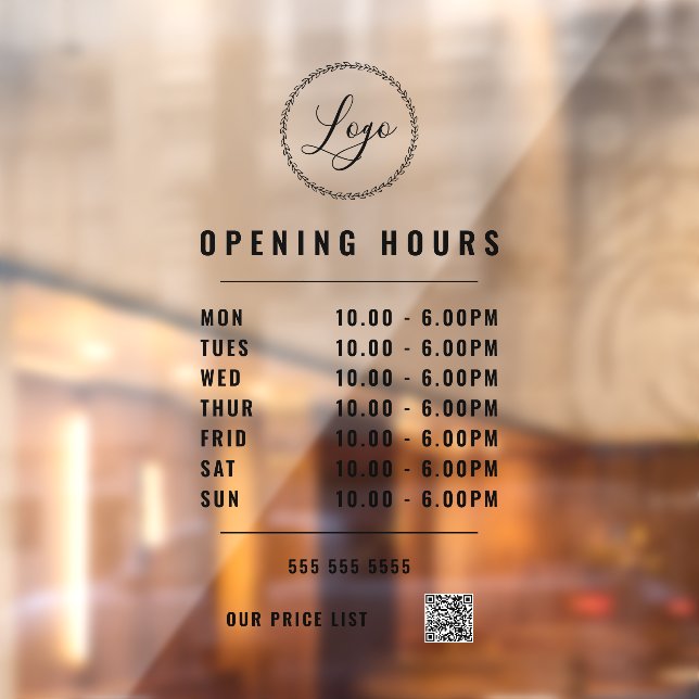 Black Opening Hours Logo QR Code Transparent  Window Cling (Sheet 2)
