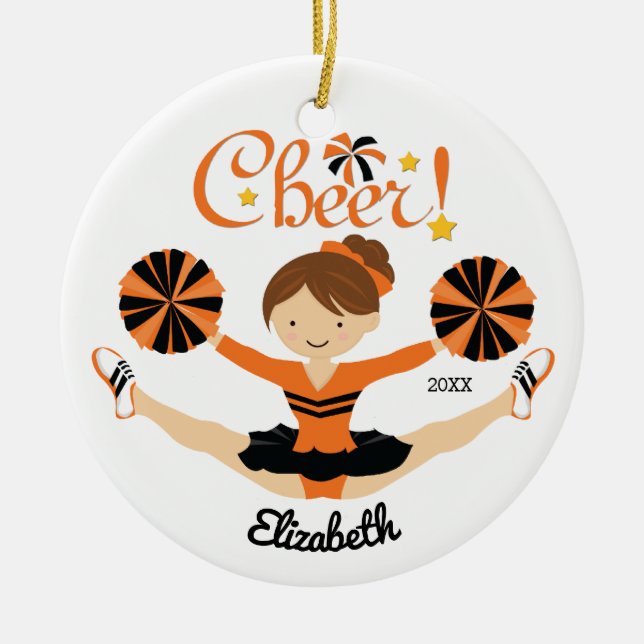 Black & Orang Cheer Brunette Cheerleader Ornament (Front)