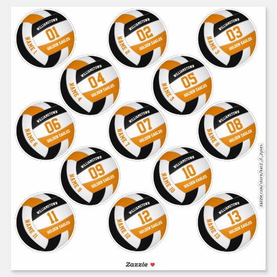set of 13 orange black volleyball players names stickers