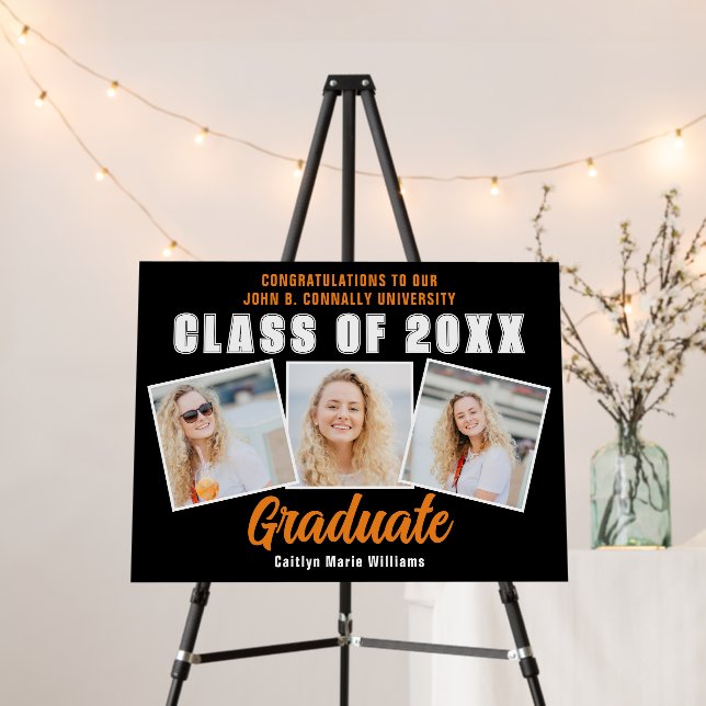 Black Orange 2025 Graduation Photo Collage Party Foam Board (In Situ (Stand))