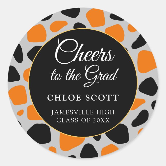 Black Orange Abstract Animal Print Graduation Classic Round Sticker (Front)