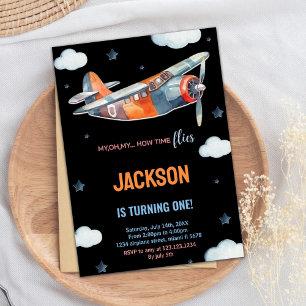 Black Orange Airplane Birthday Invitations