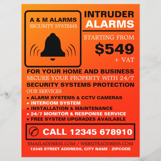 Black & Orange Alarm Logo, Security Alarm Service Flyer (Front)