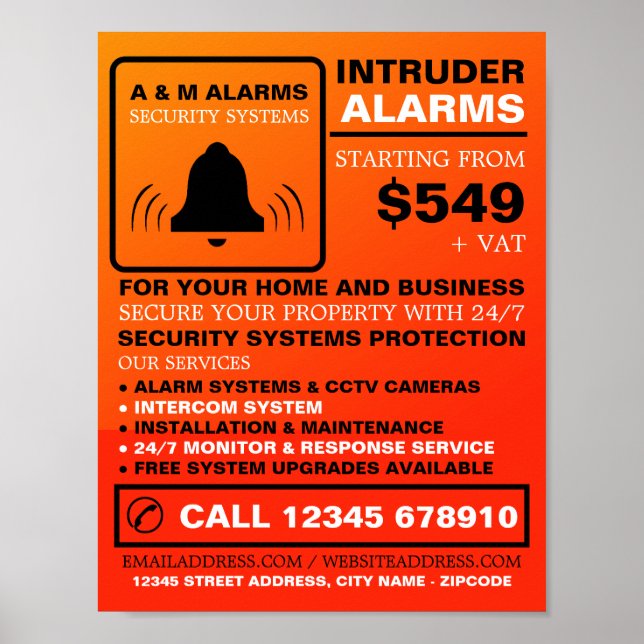 Black & Orange Alarm Logo, Security Alarm Service Poster (Front)