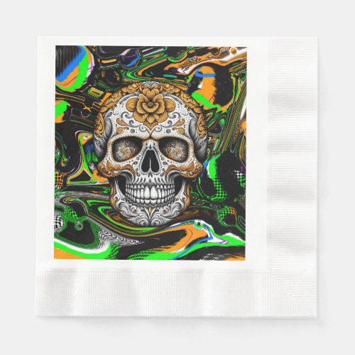 Black Orange and Lime Green Sugar Skull Art Napkins